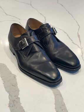 Magnanni Steel grey/ Black leather Single Monk Strap Shoes with Silver Buckle